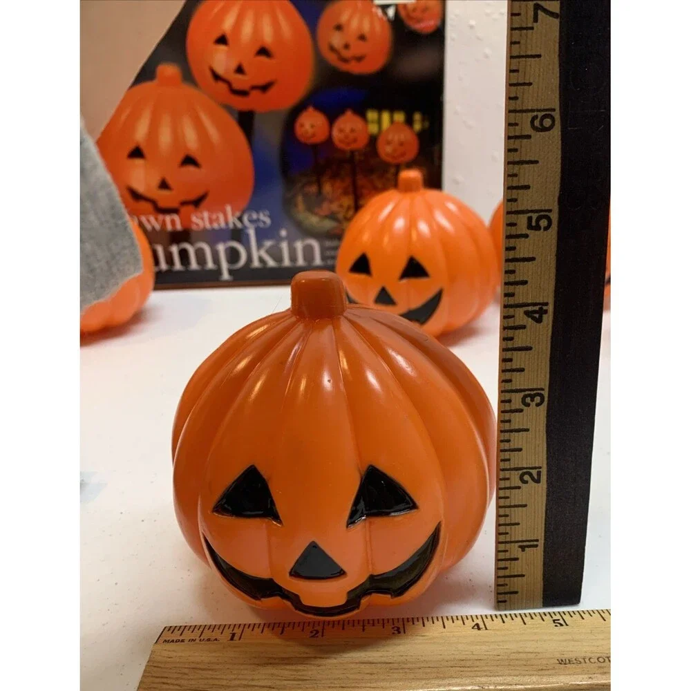 Vintage Blow Mold Halloween Pumpkin Lights Lawn Stakes Orange Jack O Lantern